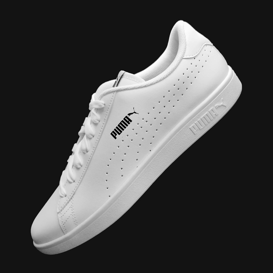 White perforated leather court shoe on black