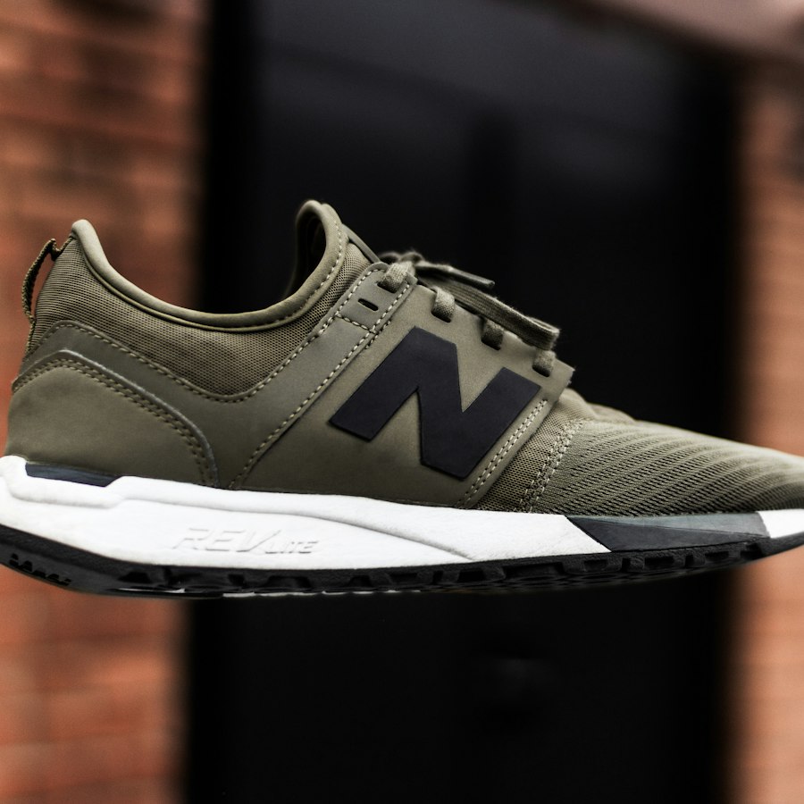 Olive knit runner with a white foam sole